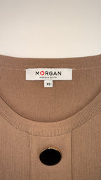 Short-sleeve camel knit dress with black buttons – size XS | MORGAN