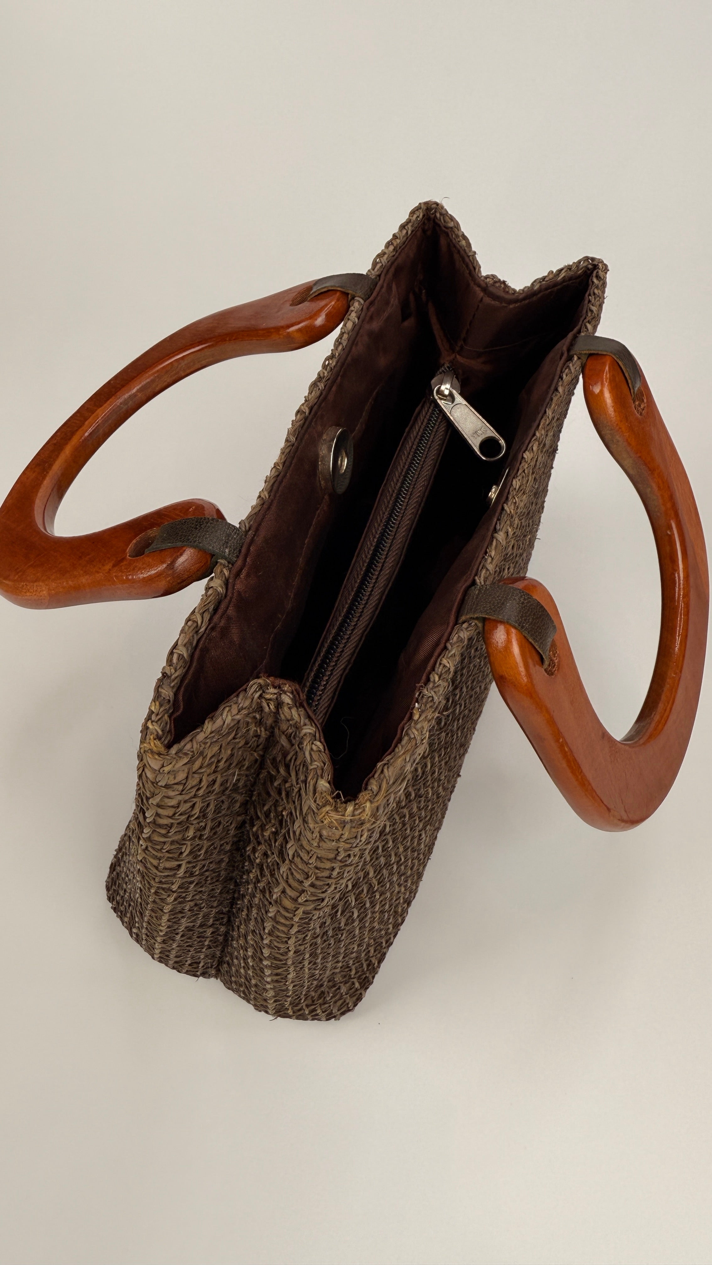 Handwoven Chocolate Brown Raffia Handbag with Wooden Handles