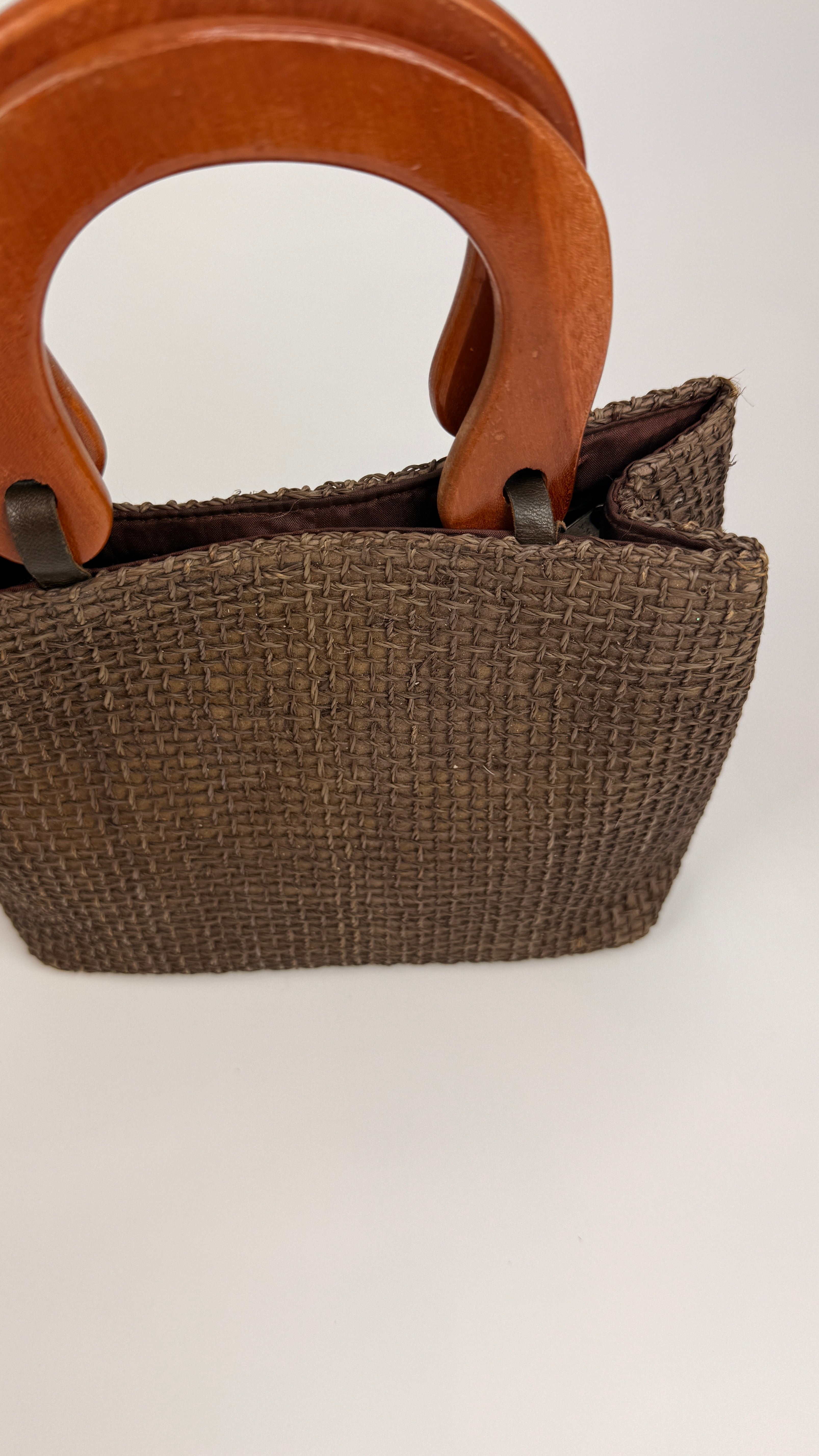 Handwoven Chocolate Brown Raffia Handbag with Wooden Handles