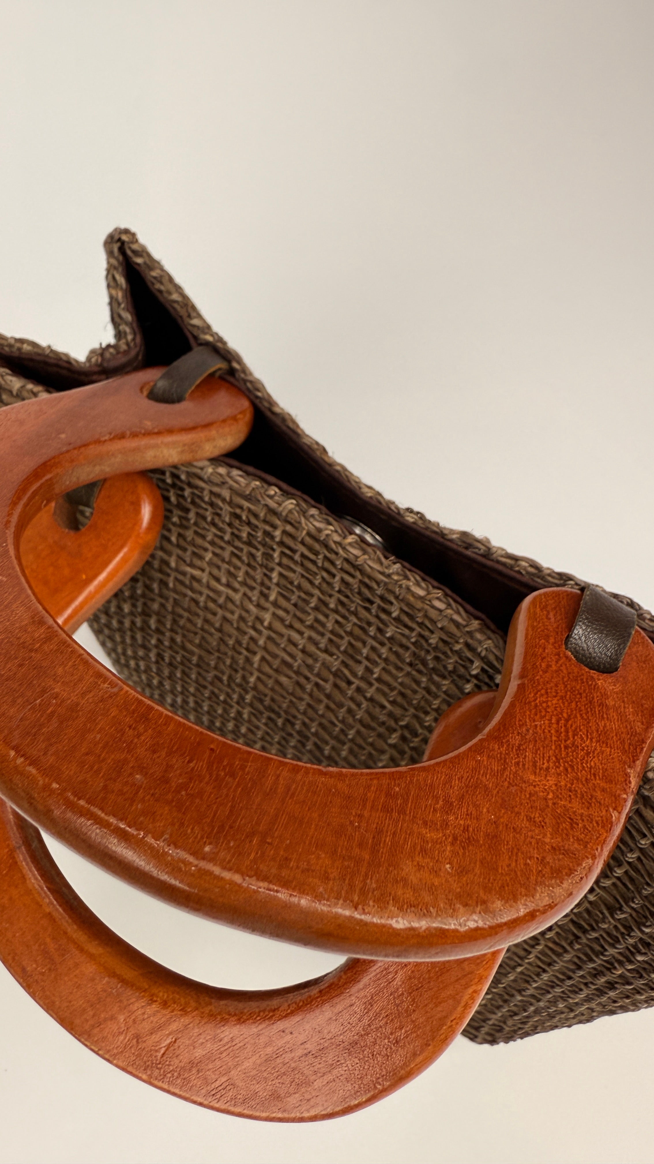 Handwoven Chocolate Brown Raffia Handbag with Wooden Handles