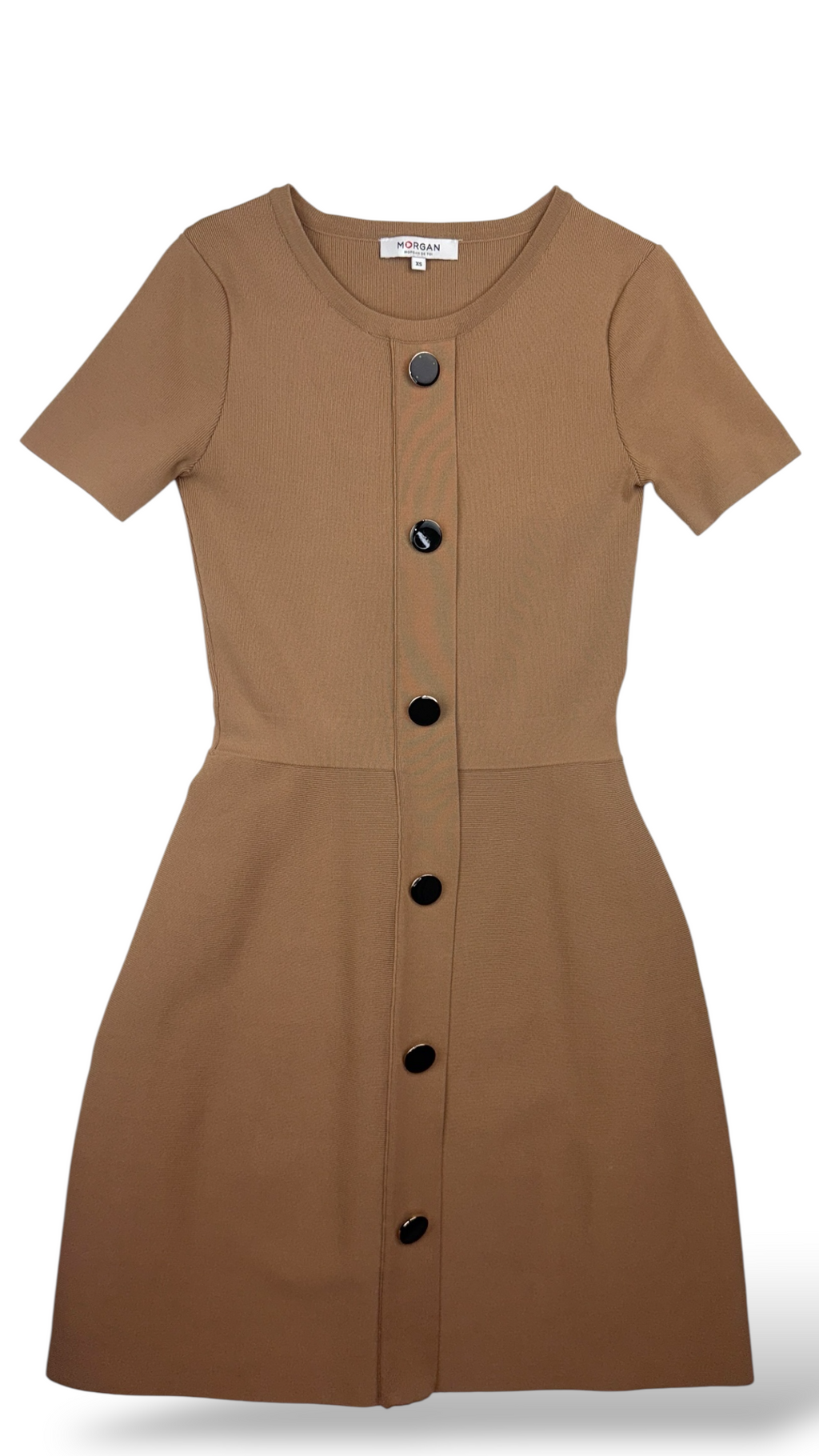 Short-sleeve camel knit dress with black buttons – size XS | MORGAN
