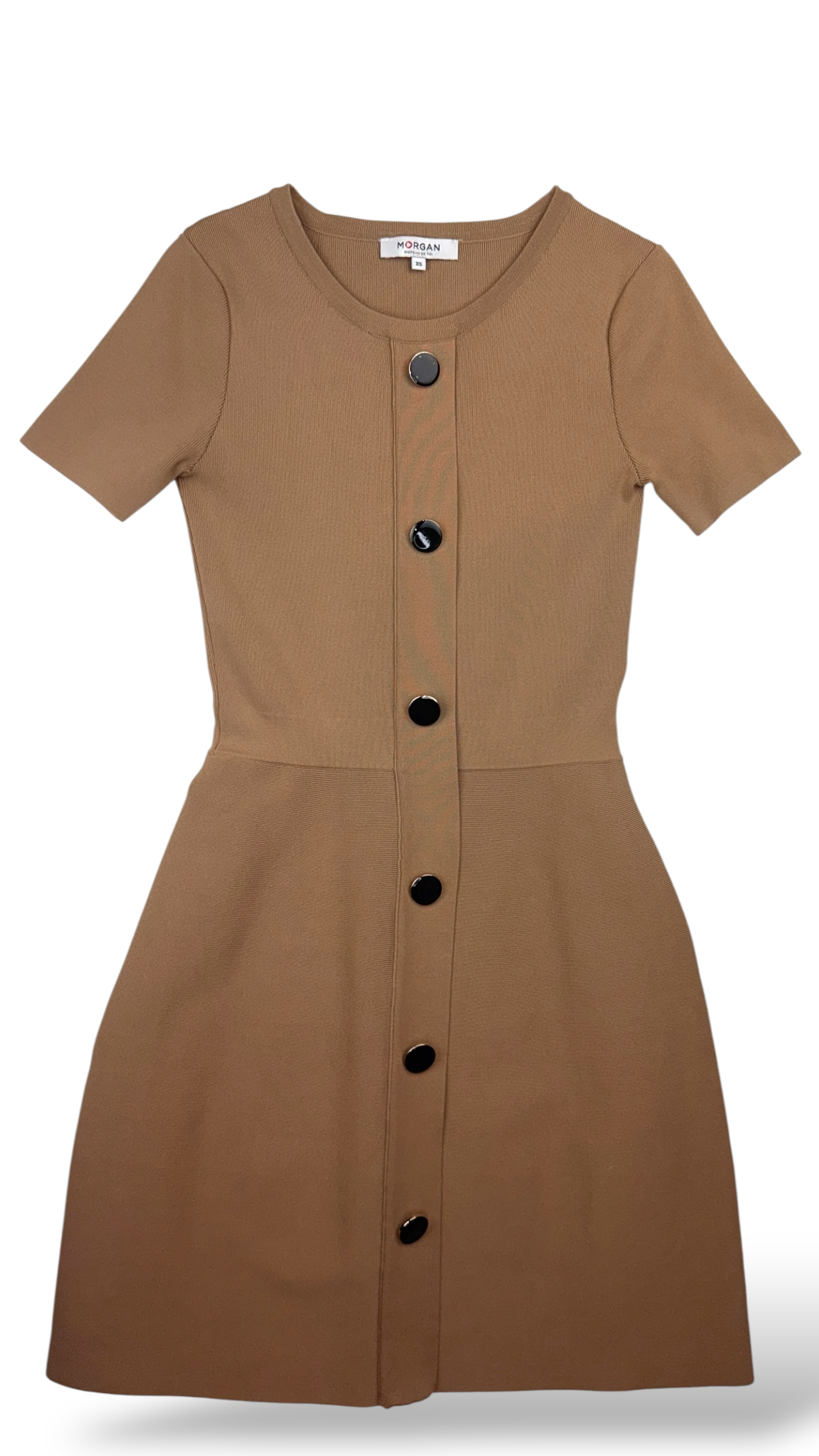 Short-sleeve camel knit dress with black buttons – size XS | MORGAN