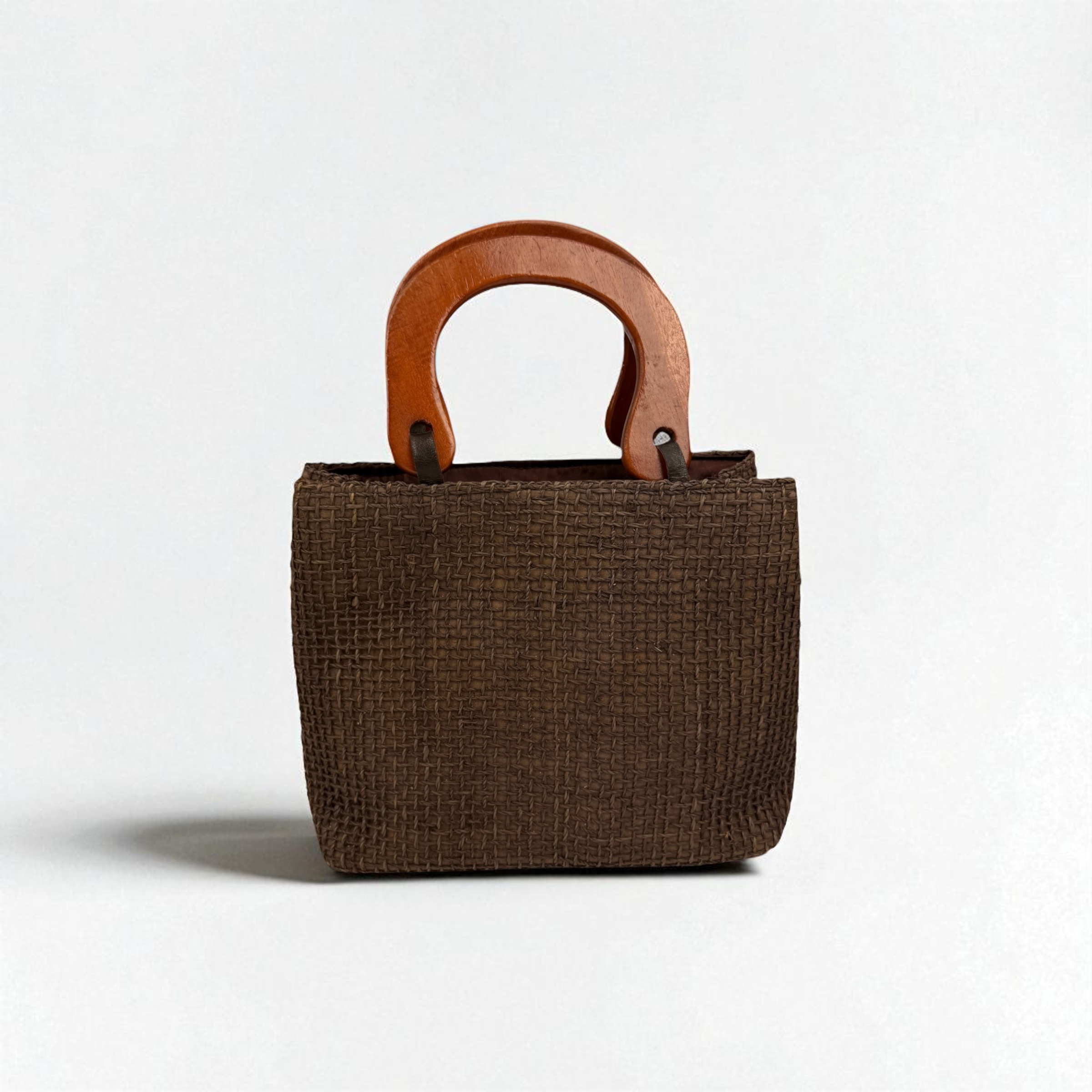 Handwoven Chocolate Brown Raffia Handbag with Wooden Handles