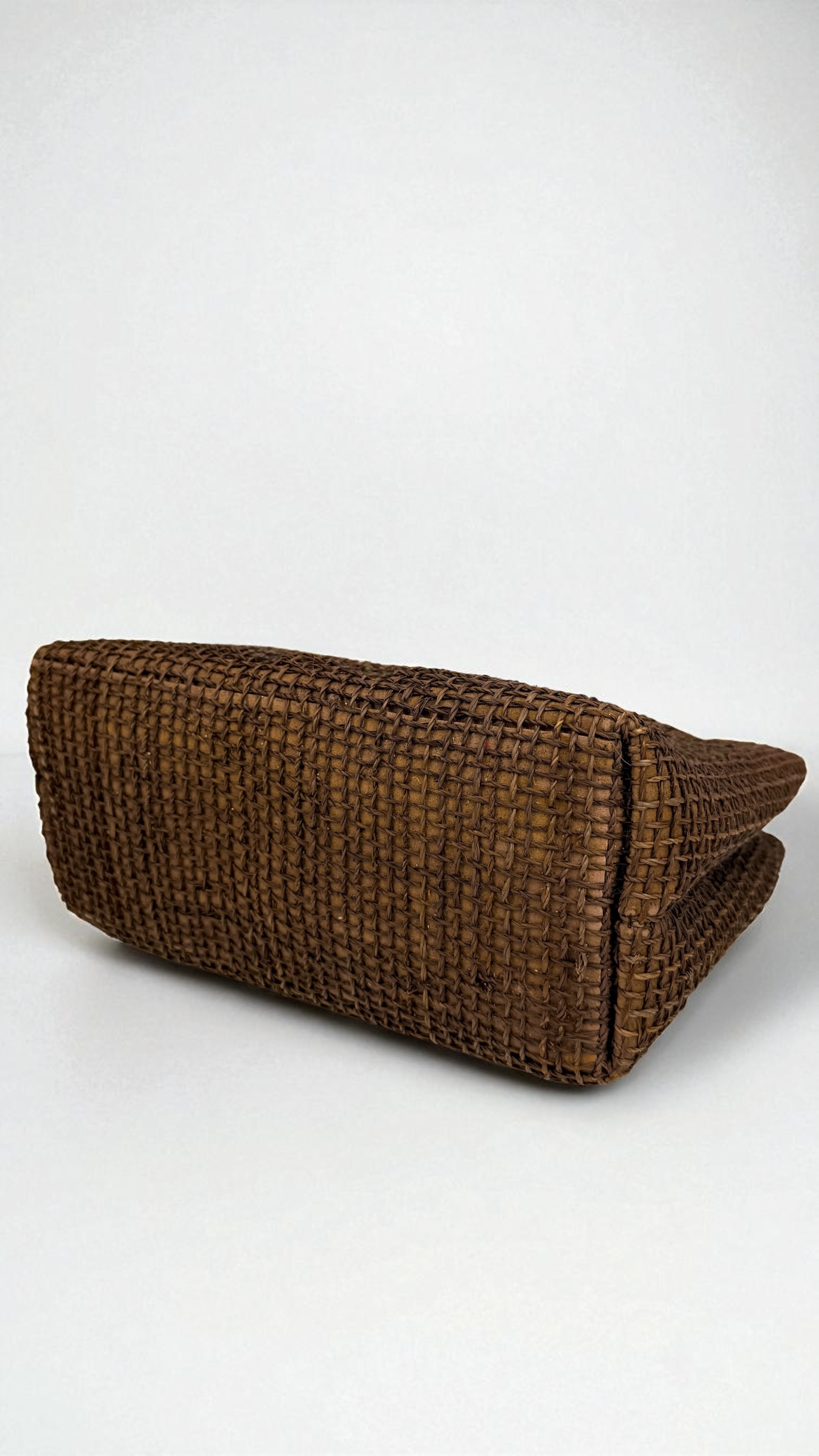 Handwoven Chocolate Brown Raffia Handbag with Wooden Handles