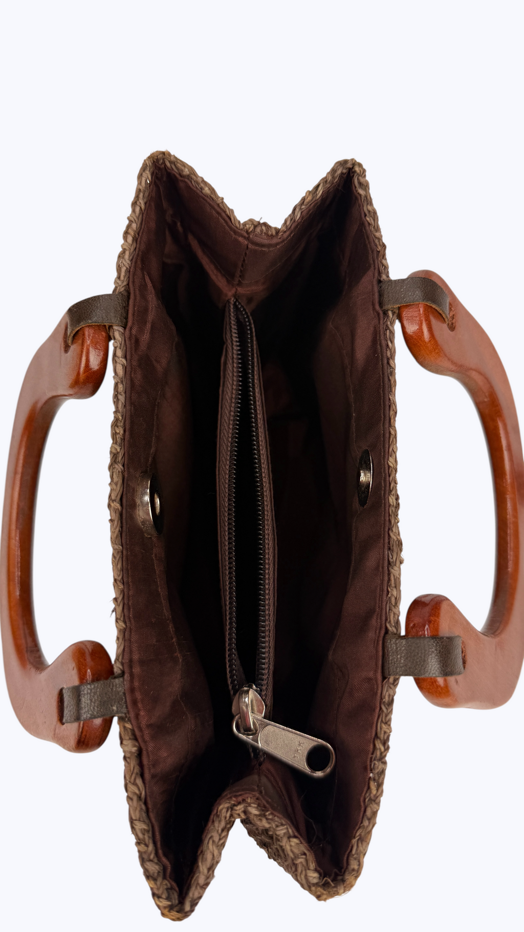 Handwoven Chocolate Brown Raffia Handbag with Wooden Handles