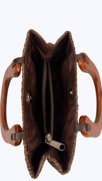 Handwoven Chocolate Brown Raffia Handbag with Wooden Handles