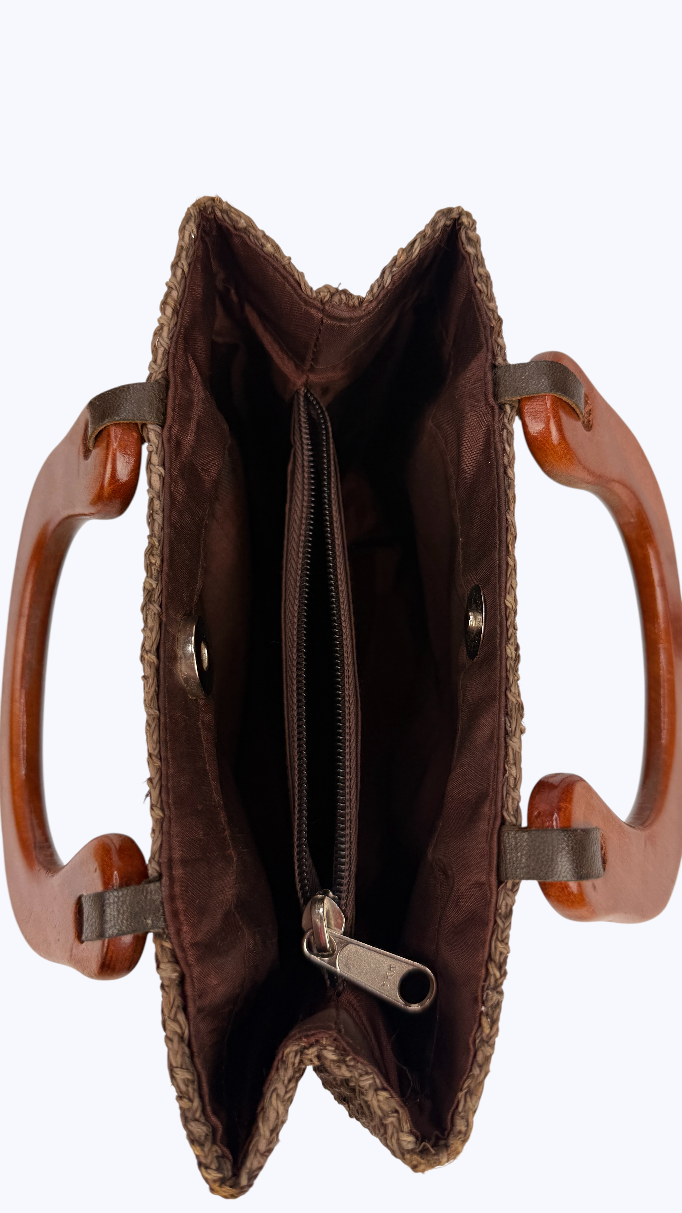 Handwoven Chocolate Brown Raffia Handbag with Wooden Handles