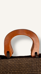 Handwoven Chocolate Brown Raffia Handbag with Wooden Handles