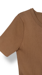 Short-sleeve camel knit dress with black buttons – size XS | MORGAN