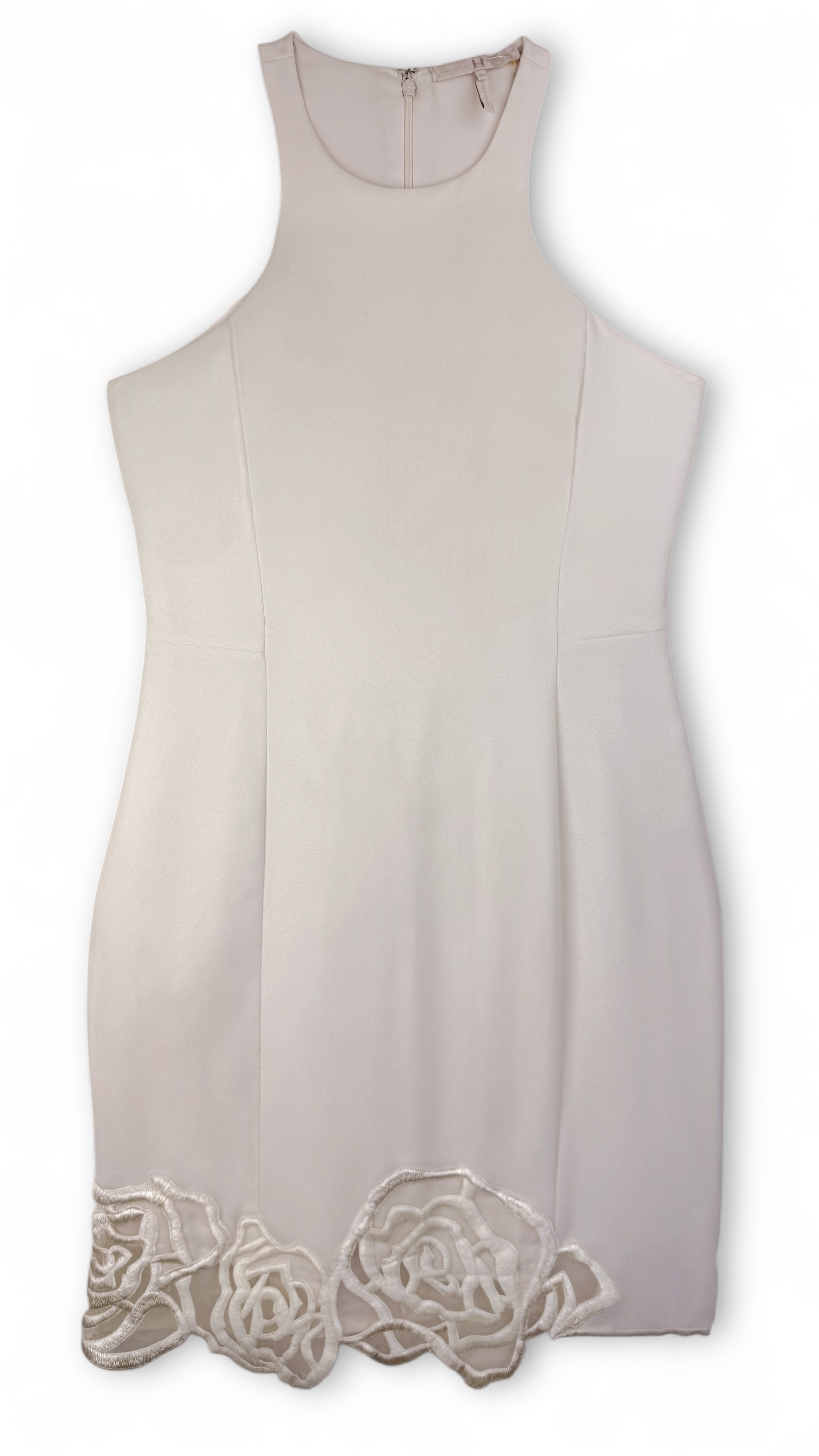 Ivory Halston Heritage sleeveless dress with floral lace details on a white background