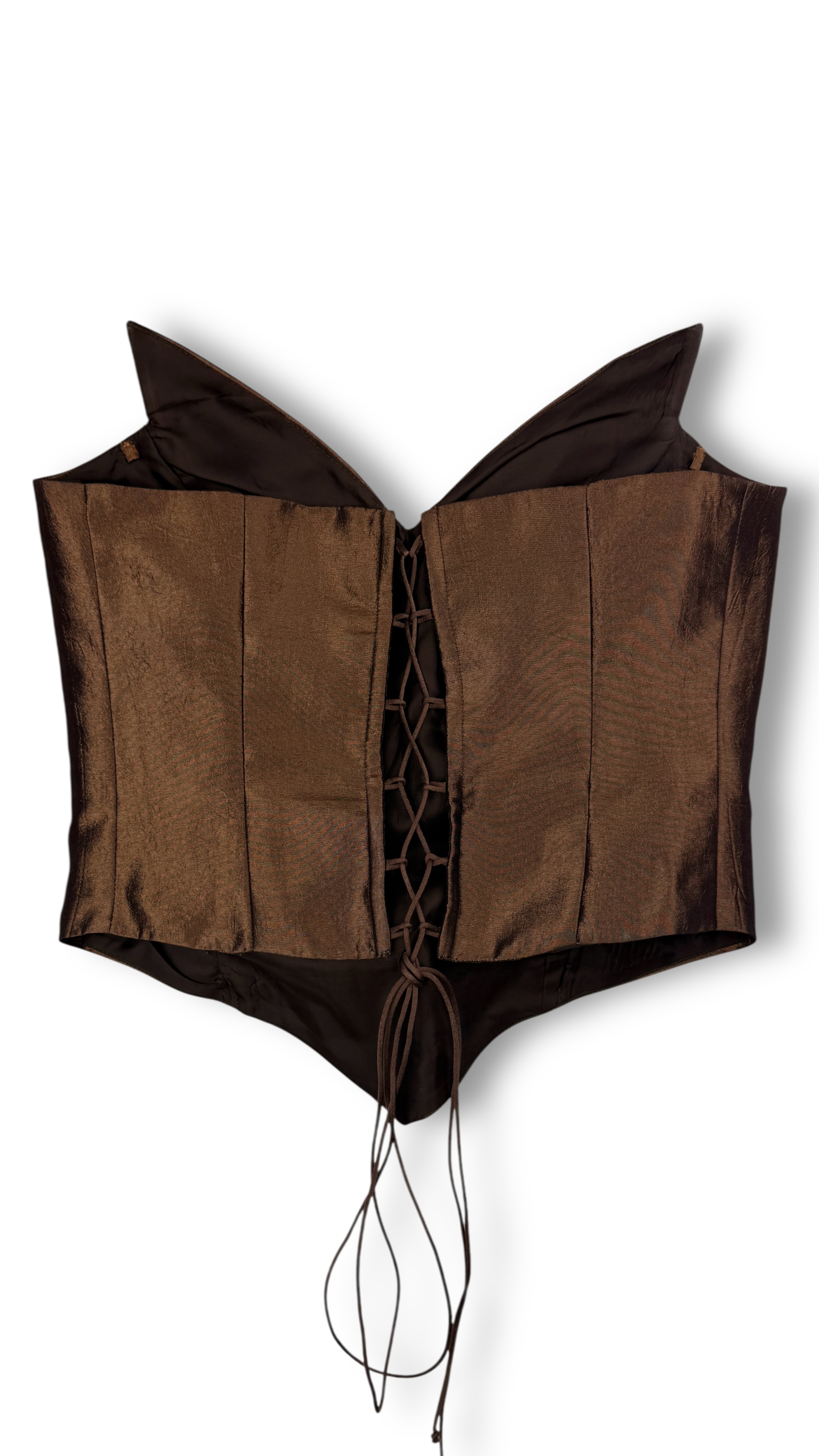 Back view of metallic brown corset top with lace-up closure Santiago Sanchez
