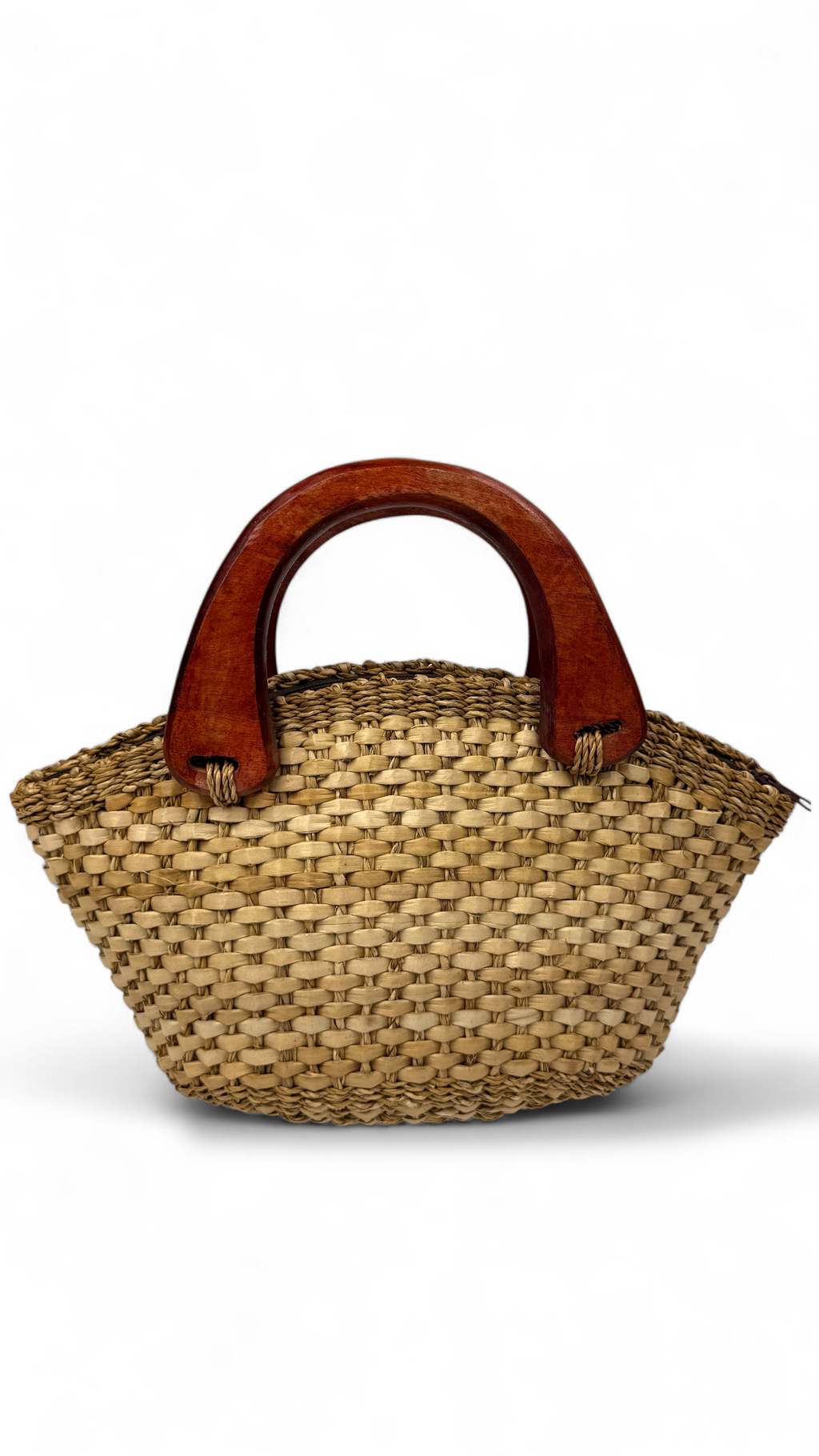 Structured woven tote with polished wooden handles and zip closure - front