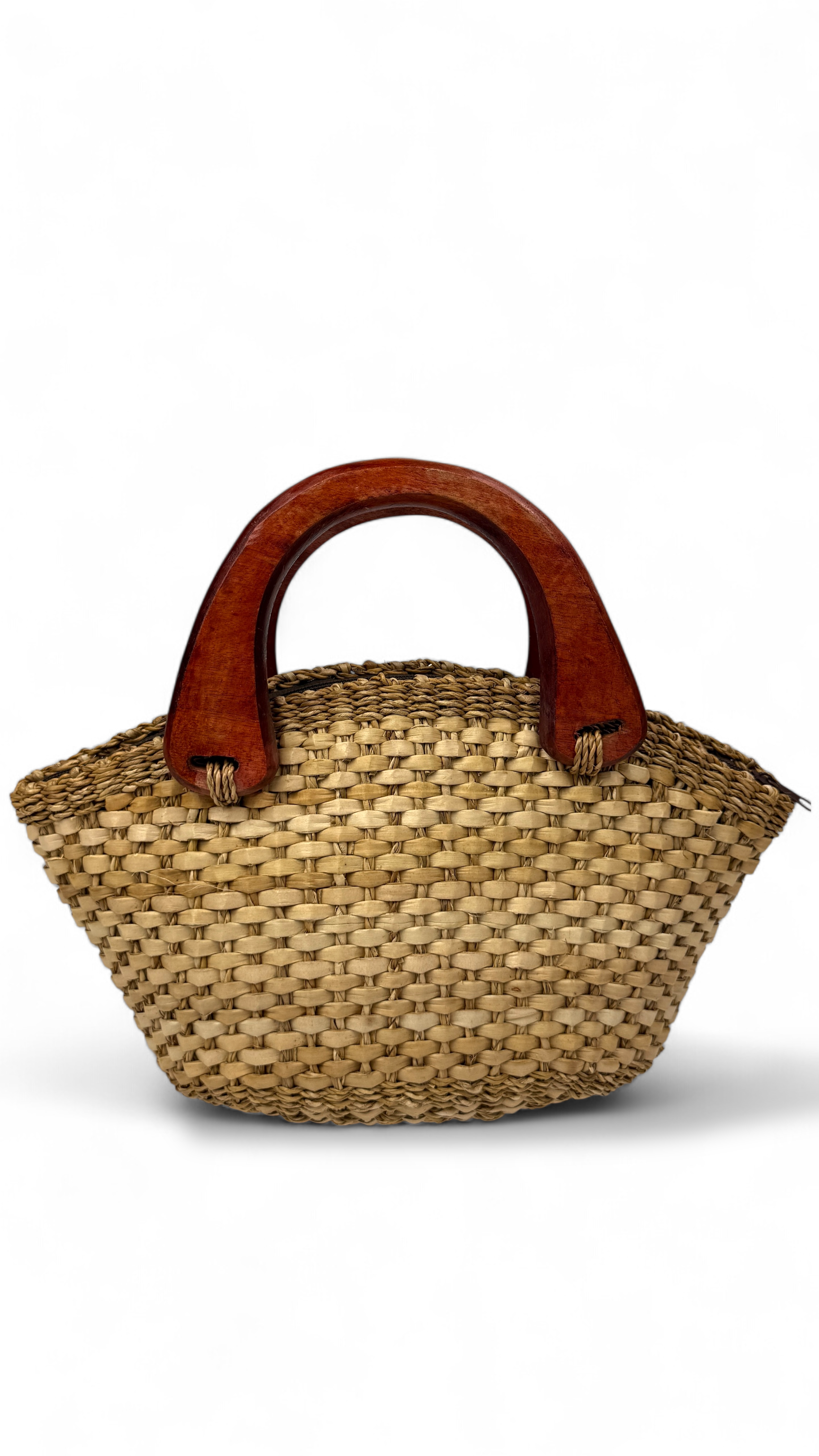 Structured woven tote with polished wooden handles and zip closure - front