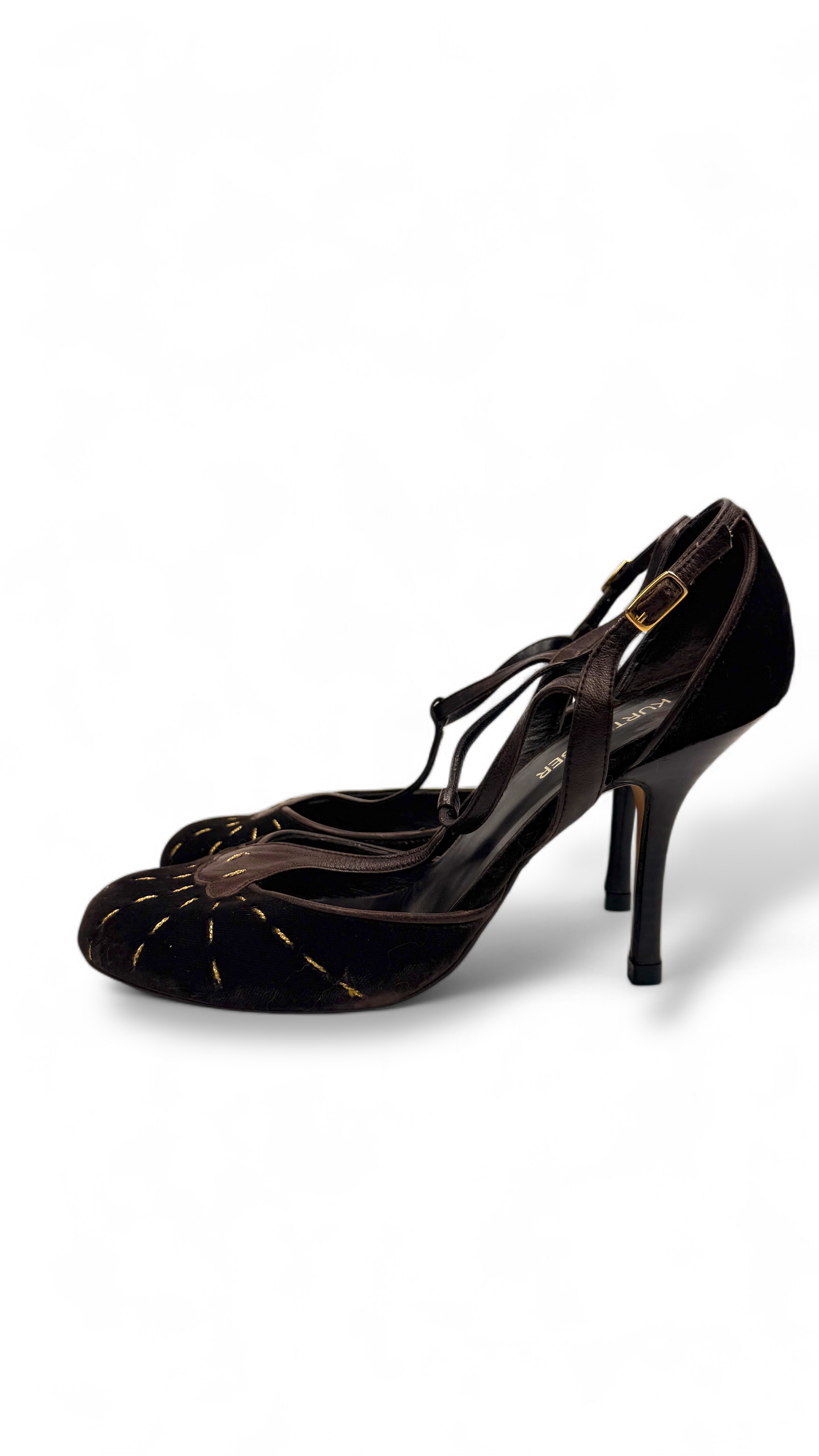 Velvet T-Strap Heels with Golden Stitching – Size 38 | Kurt Geiger