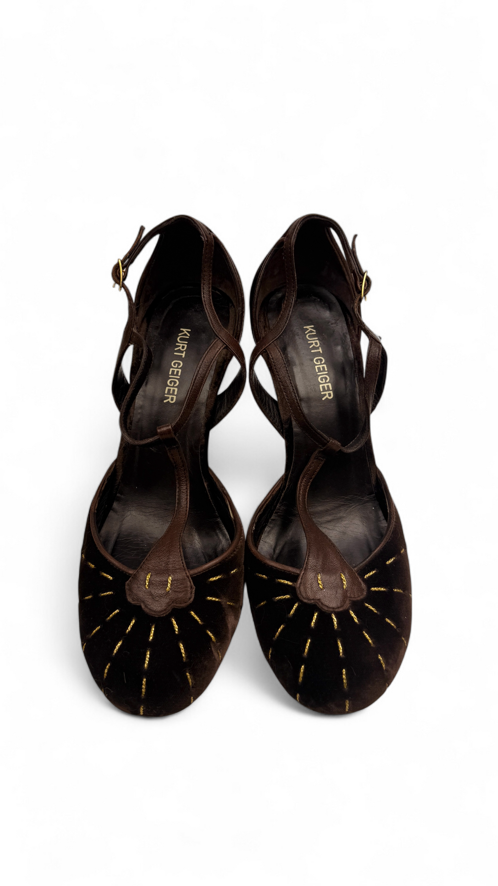 Velvet T-Strap Heels with Golden Stitching – Size 38 | Kurt Geiger
