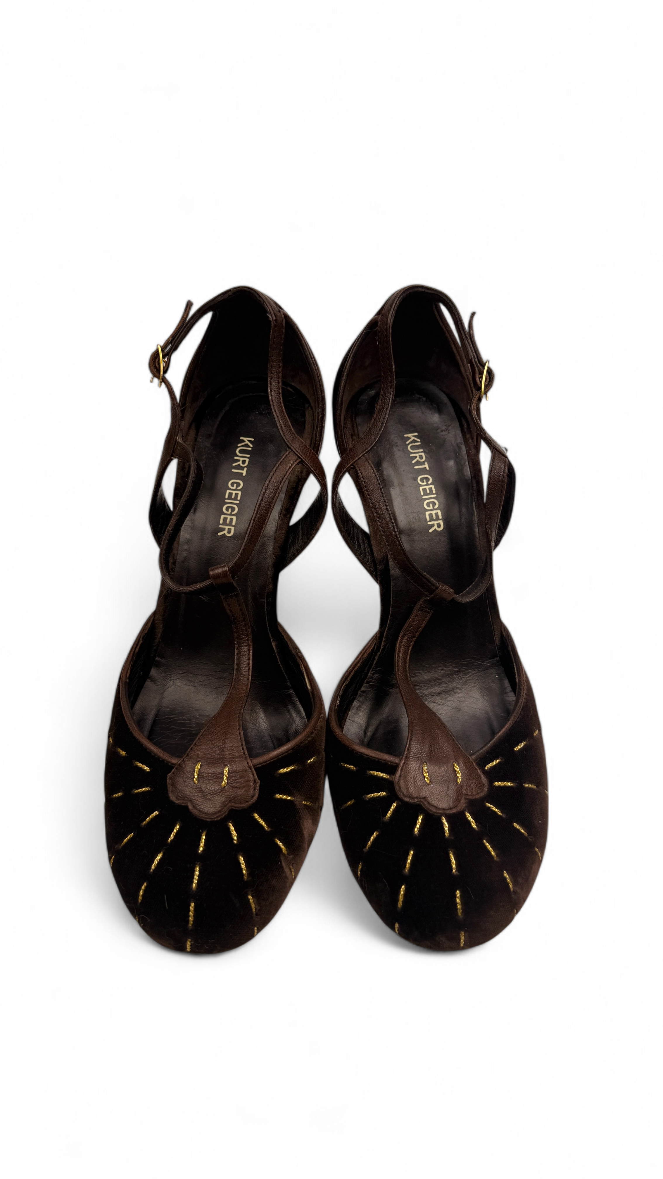 Velvet T-Strap Heels with Golden Stitching – Size 38 | Kurt Geiger