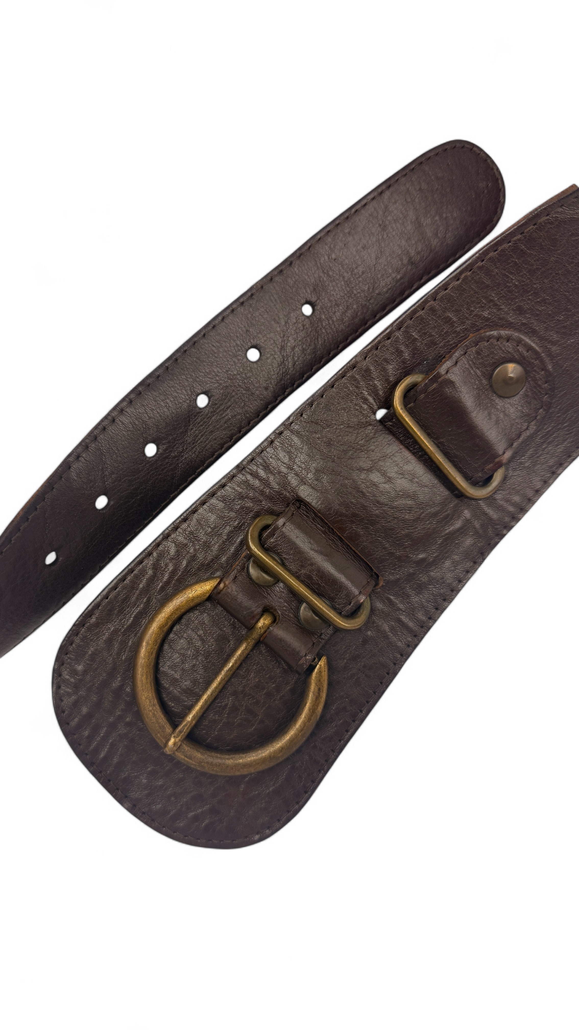 Wide genuine leather belt in dark brown with aged brass buckle – Size 95
