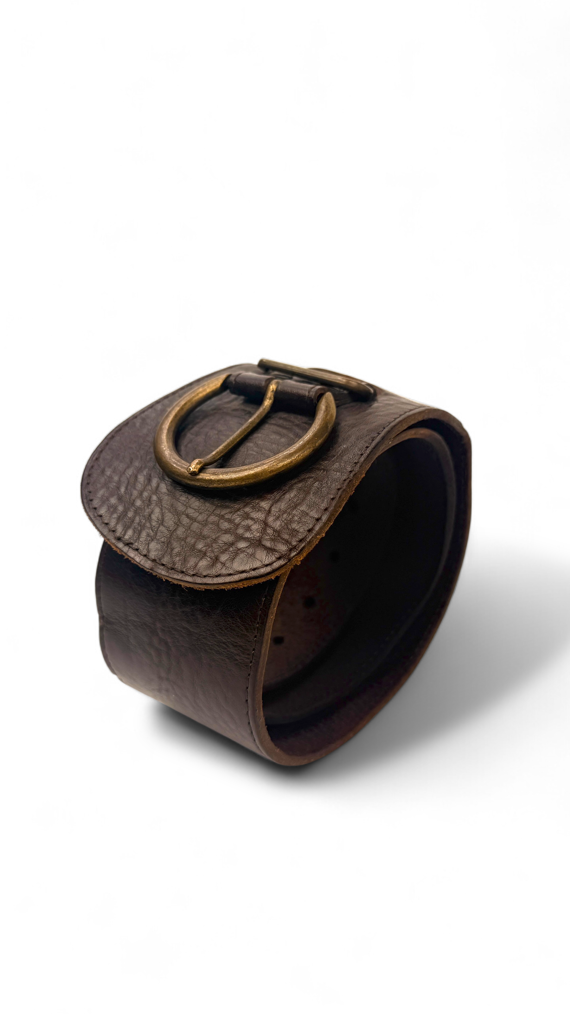 Wide genuine leather belt in dark brown with aged brass buckle – Size 95