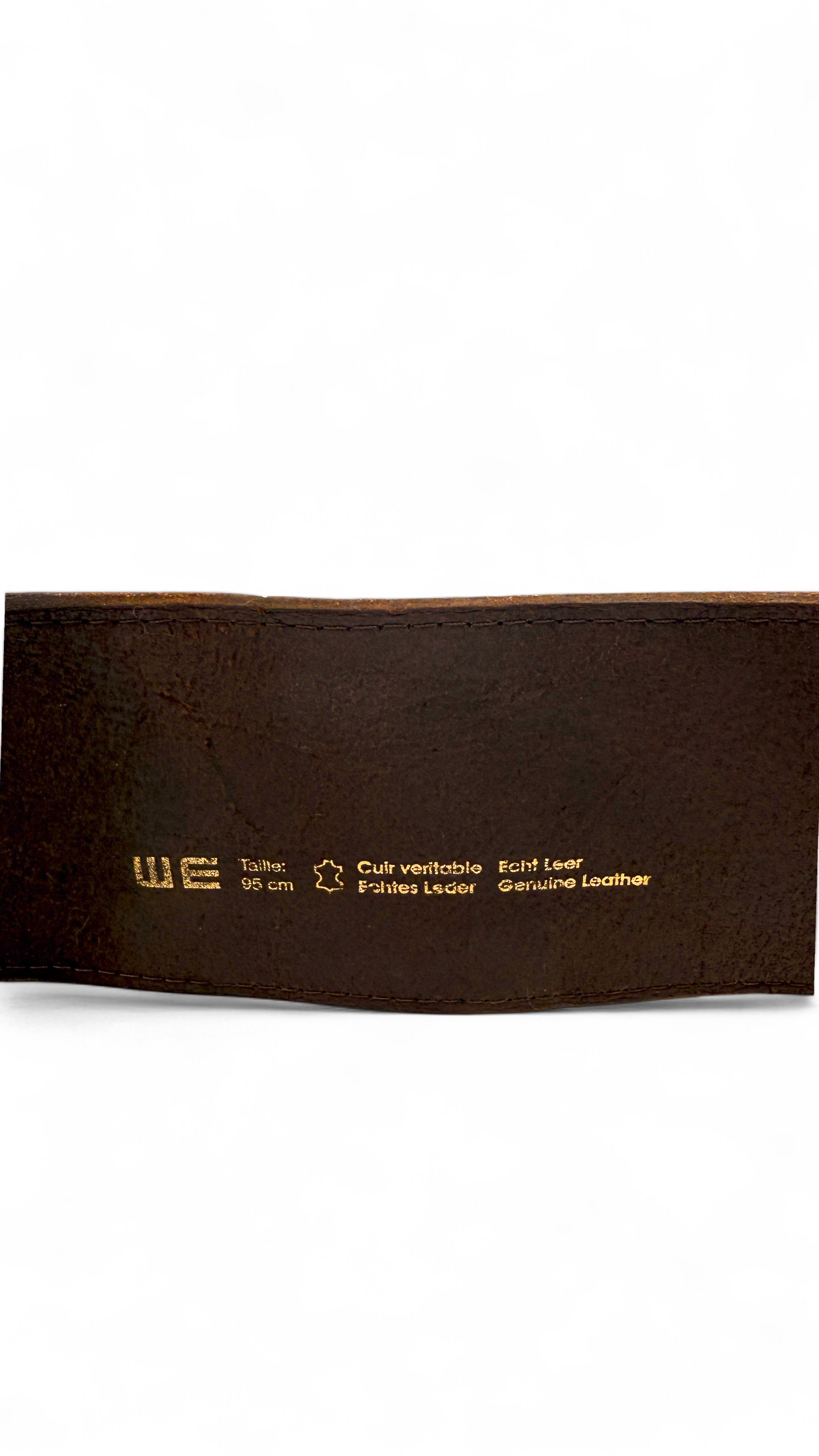Wide genuine leather belt in dark brown with aged brass buckle – Size 95